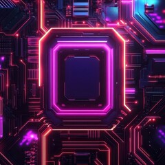 Fototapete - Futuristic Computer Circuit Board Illuminated by Vibrant Neon Lights Creating a Dynamic and Energetic Atmosphere for Modern Technology Enthusiasts