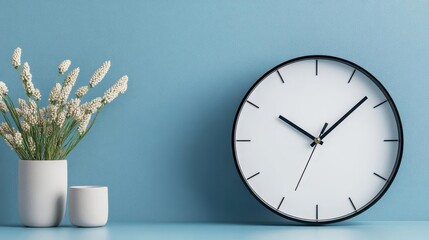 Poster - A Beautiful Clock and Elegant Vase Filled with Vibrant Flowers Set Against a Calm Blue Background Evoking Tranquility and Timeless Charm in Decor