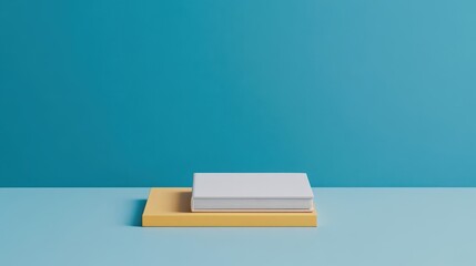Poster - White Box with Bright Yellow Lid Set Against a Vibrant Blue Background Creating a Bold and Playful Visual Contrast Evoking Joy and Curiosity