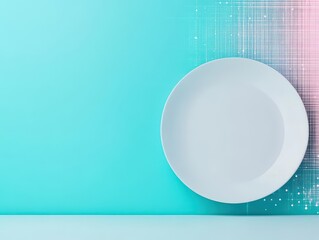 Poster - Elegant White Plate Set Against a Soft Pink and Blue Background Highlighting a Minimalist Aesthetic and Evoking Calmness and Simplicity in Design