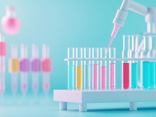 Poster - Vibrant Laboratory Beaker Filled with a Spectrum of Colorful Liquids Showcasing Scientific Experimentation and Innovation in a Modern Research Environment