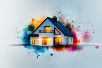 Poster - Charming House with Vibrant Watercolor Splashes on the Roof Surrounded by a Lush Garden Evoking a Whimsical and Artistic Atmosphere in Nature