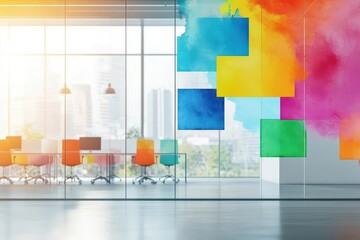 Poster - Vibrant Modern Office Space Featuring Glass Walls Bright Artwork and Contemporary Design Elements Creating a Productive and Inspiring Work Environment