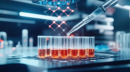 Poster - Laboratory Scientist Carefully Pouring Colorful Liquid into Multiple Test Tubes Surrounded by Scientific Equipment Creating a Focused Research Environment