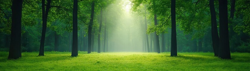 Poster - Lush Green Forest Bathed in Radiant Light Filtering Through Canopy Creating a Magical Atmosphere of Serenity and Tranquility in Nature's Embrace