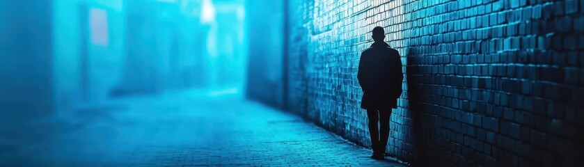 Poster - A solitary man standing in a dark and shadowy alley evoking a sense of mystery and urban isolation in an atmospheric nighttime setting