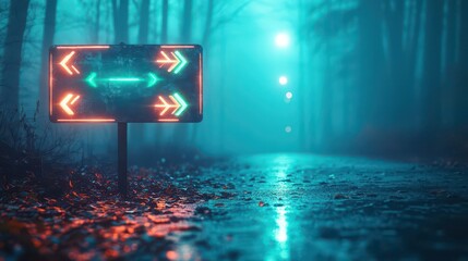 Poster - Vibrant Neon Sign Illuminating an Urban Roadway at Night with Surrounding Cityscape Evoking a Lively and Energetic Atmosphere of Modern Life