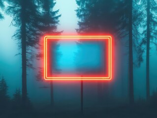 Poster - Mysterious Neon Sign Illuminating a Dense Forest at Night Creating an Enigmatic Atmosphere with Vibrant Colors and Intriguing Shadows in Nature