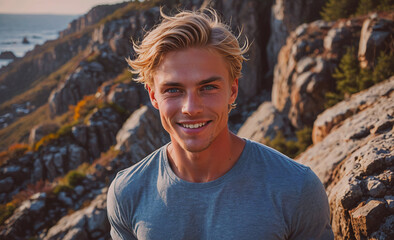 Aufkleber - Young man with blonde hair and a blue shirt is smiling at the camera. He is standing on a rocky mountain top, looking out at the ocean in the distance. Concept of adventure and freedom