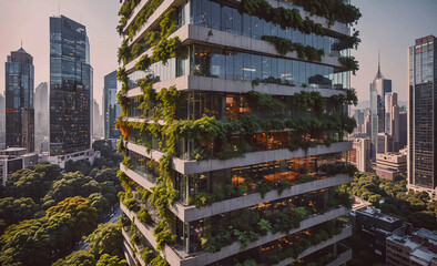 Poster - Tall building with a green roof and lots of windows. The building is surrounded by trees and is in a city