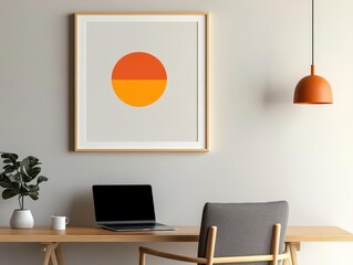 Poster - Cozy Workspace Featuring a Modern Laptop and Artistic Framed Print on a Stylish Desk Creating an Inviting and Productive Atmosphere for Creativity