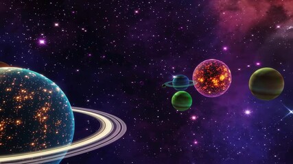 Wall Mural - Luminous ringed planet radiating cosmic energy. Surrounded by vibrant. Orbiting planets against expansive deep space nebulae background. Revealing astronomical beauty and mysterious stellar landscape
