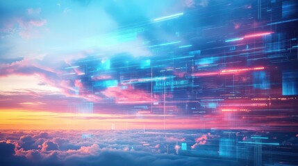 Poster - Futuristic Cityscape Bathed in Vibrant Colors under a Dramatic Sky Filled with Dynamic Clouds Showcasing a Vision of Tomorrow and Urban Innovation