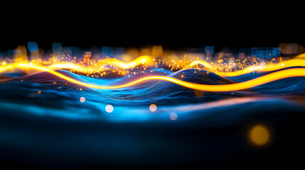 Poster - Dynamic light waves over city skyline at night abstract visual art vibrant colors digital realm