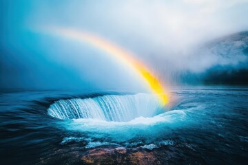 Poster - Vibrant Rainbow Arching Across a Clear Blue Sky Illuminated by Warm Sunlight Creating a Joyful and Uplifting Atmosphere in Nature's Canvas