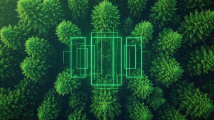 Poster - Enchanting Green Forest Illuminated by Soft Green Light Filtering Through Trees Creating a Tranquil and Ethereal Natural Atmosphere of Serenity