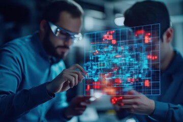 Poster - Two Men Engaged in a Deep Discussion While Observing a Digital Screen in a Modern Office Setting Creating an Atmosphere of Collaboration and Insight