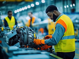 Poster - Focused Mechanic Repairing Car Engine Inside Industrial Factory Setting with Tools and Equipment Highlighting Dedication and Craftsmanship of Work