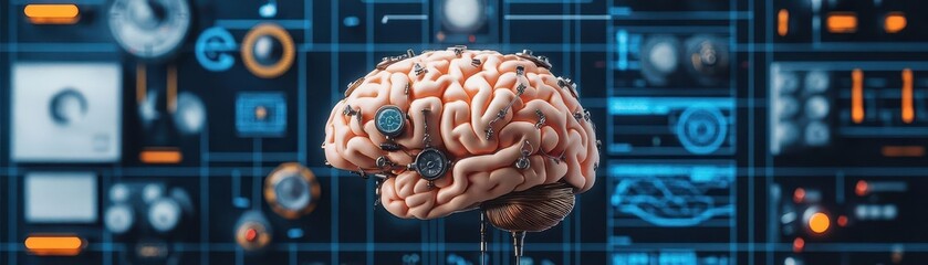 Poster - Intricate Brain Model Displayed with Computer Device on Top Symbolizing the Intersection of Neuroscience and Technology in a Modern Context
