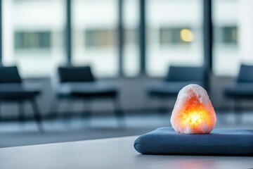 Poster - A Single Crystal Clear Ice Piece Resting on a Smooth Wooden Table Evokes a Sense of Calmness and Beauty in a Simple Yet Elegant Setting