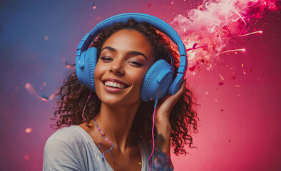 Aufkleber - Woman wearing headphones and smiling. The headphones are blue. The woman is wearing a white shirt