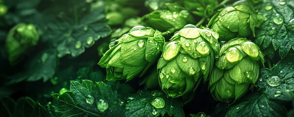 Poster - Hop cones covered in water drops are sprouting on a green branch