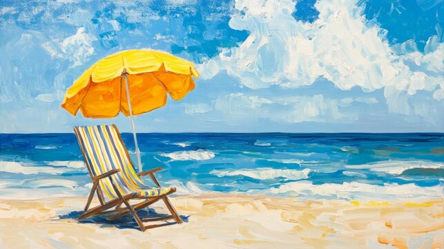Eye-catching summer scene with striped beach chair and vivid yellow parasol, blue ocean horizon behind