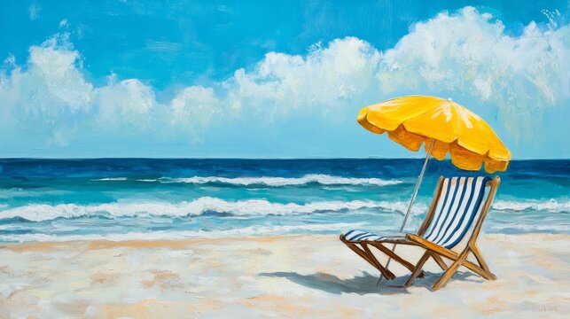 Eye-catching summer scene with striped beach chair and vivid yellow parasol, blue ocean horizon behind