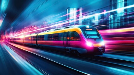 Poster - A Train Illuminated by City Lights Traveling Through a Vibrant Urban Landscape at Night Evoking a Sense of Adventure and Exploration in Motion