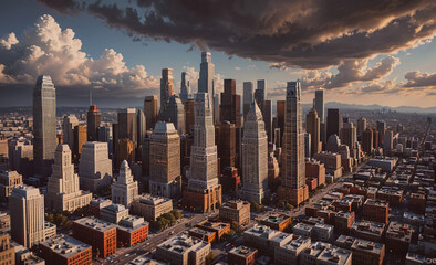 Poster - Cityscape with a cloudy sky in the background. The city is full of tall buildings and the sky is overcast