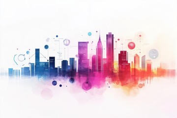 Poster - Vibrant City Skyline at Dusk with Colorful Buildings and Geometric Circles Creating a Dreamlike Urban Landscape Full of Life and Energy