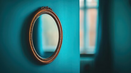 Poster - Elegant Wall Mirror Reflecting Soft Ambient Light in a Cozy Living Room Creating a Warm Inviting Atmosphere Perfect for Home Interior Decor