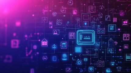 Fototapete - Vibrant Dark Blue and Pink Background with Various Distinctive Icons Creating a Modern and Artistic Visual Experience for Digital Design Enthusiasts