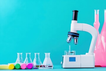 Poster - Intricate Laboratory Scene Featuring a Microscope and Various Scientific Equipment on a Table Surrounded by a Clean and Organized Workspace Atmosphere