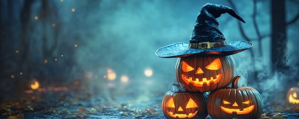 Aufkleber - Three illuminated pumpkins with a witch hat in a mysterious forest make the perfect halloween scene