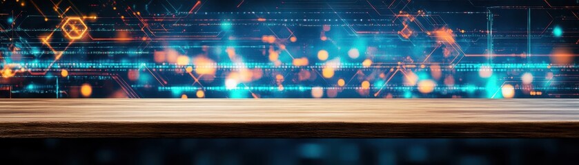 Poster - Elegant Wooden Table Set Against a Modern Digital Background Evoking a Fusion of Rustic Charm and Contemporary Aesthetic in a Cozy Atmosphere