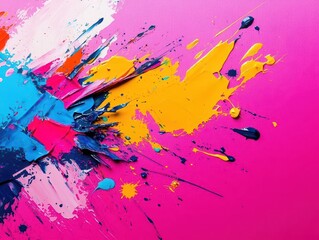 Poster - Vibrant Colorful Paint Splatters on Soft Pink Background Creating a Playful and Artistic Atmosphere Evoking Creativity and Joy in Visual Art Expression