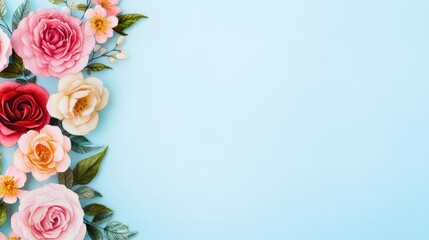 Fototapete - Vibrant and Creative Bouquet of Colorful Paper Flowers Displayed on a Bright Blue Background Evoking Joyful Artistic Expression and Whimsical Charm