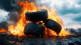 A dramatic scene of stacked tires engulfed in flames, demonstrating the chaotic nature of urban decay and the powerful force of fire in transformation.