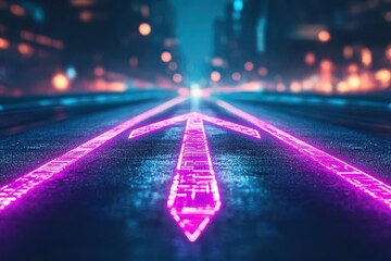 Poster - Vibrant Neon Road Illuminated by Glowing Strip Creating a Futuristic Urban Atmosphere with a Sense of Adventure and Excitement at Nighttime