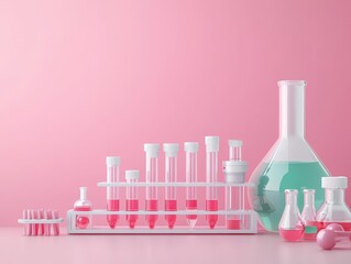 Poster - Charming Pink and White Laboratory Equipment with Playful Pink and Green Beaks Evoking a Whimsical and Creative Scientific Exploration Atmosphere