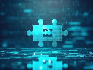 Poster - Two Interlocking Puzzle Pieces on a Vibrant Blue Background Symbolizing Problem Solving and Creativity in an Artful and Engaging Visual Composition