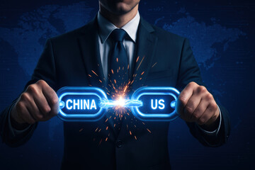 Poster - A businessman demonstrates strategic decision-making by symbolically linking two glowing supply chain elements highlighting efficiency and growth in international business relations