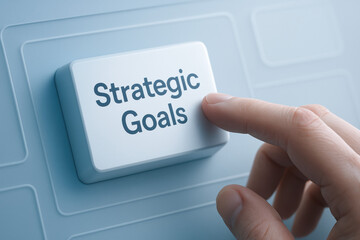 Poster - A close-up hand interacts with a three-dimensional block labeled Strategic Goals symbolizing effective business decision strategy and leadership for organizational growth