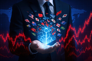 Poster - A businessman demonstrates strategic decision-making by holding a glowing digital cube symbolizing innovation while trade flags represent global market dynamics within a financial context