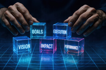 Poster - Skilled hands arrange glowing blocks symbolizing vision goals execution impact and performance as core elements business strategy and decision making