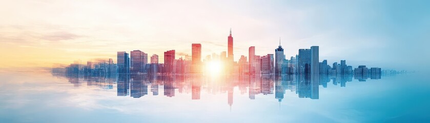 Poster - Vibrant City Skyline at Dusk with Towering Skyscrapers Illuminated by Urban Lights Creating a Dynamic and Lively Nighttime Cityscape Atmosphere