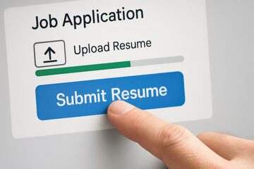 Poster - A close-up a hand initiating an online job application by submitting a resume symbolizing strategic decision-making in business growth and efficiency