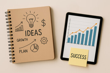 Poster - notebook with growth ideas and success charts on a tablet symbolizing planning and progress