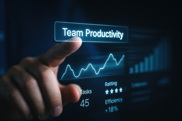 Poster - A business strategy visual shows a finger selecting team productivity on a digital interface emphasizing decision-making and efficiency growth